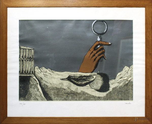 Sergio Vacchi - La mano, litografia 24/60, 50x70 cm, entro cornice.