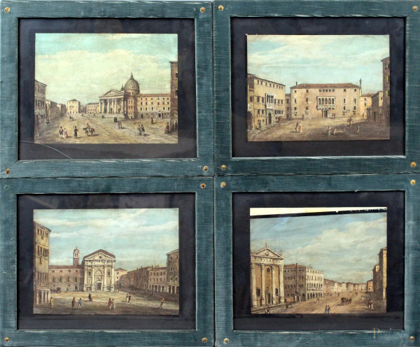 Pittore vedutista del XIX secolo, quattro scorci di piazze e chiese, olio su cartoncino, cm. 22x28,5, entro cornici.