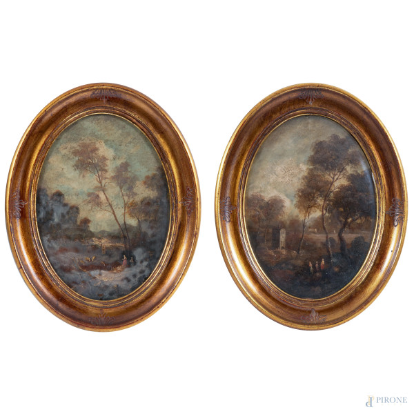 Coppia di paesaggi con figure, XX secolo, olio su rame a serto ovale, cm 18x13, (cadute di colore)