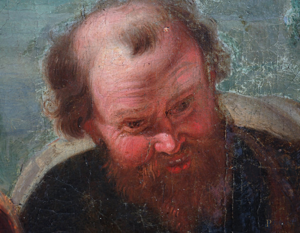 Scuola fiamminga del XVII-XVIII secolo, Riposo durante la fuga in Egitto, olio su tela, cm 110x16...