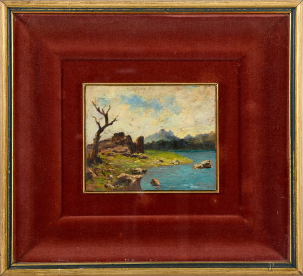 Piccolo scorcio lacustre, olio su tavoletta, XX secolo, firmato in basso a destra, cm 10x12, entro cornice, (difetti)