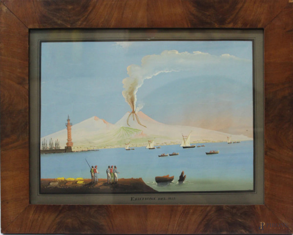 Golfo di Napoli su sfondo Vesuvio antica gouaches su carta 35x46 entro cornice, fine XIX sec.