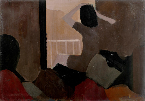 Edoardo Krumm (1916-1993), Figure femminili in un interno, tecnica mista su tela, cm 70x100, firmato al retro