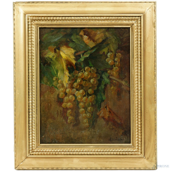 Grappoli d'uva, olio su cartone, firmato, cm 30,5x24, entro cornice