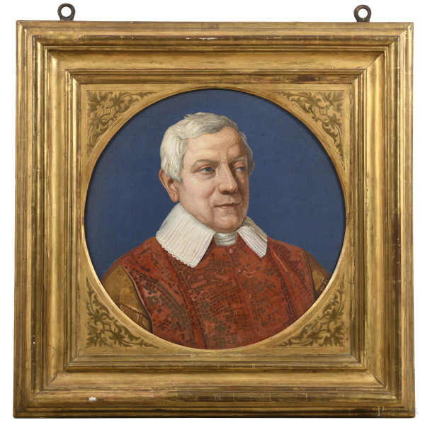 Micromosaico raffigurante sediario pontificio, XIX-XX secolo, diametro cm 59,5, entro cornice