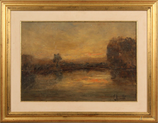 Paesaggio al tramonto, olio su tavola, 34,5x49,5 cm, firmato, entro cornice.