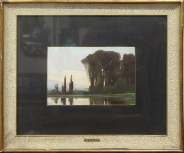 Edgardo Rossaro - Paesaggio, olio su cartone, cm 17x26, entro cornice.