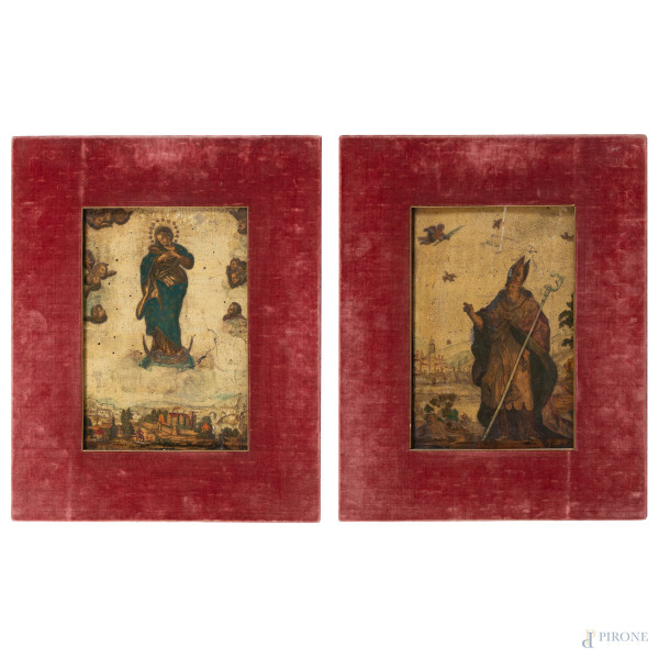 Coppia di stampe applicate su tavola dipinta, XIX-XX secolo, cm 37,5x26, (fessurazioni, craquelure, fori di tarlo, difetti)