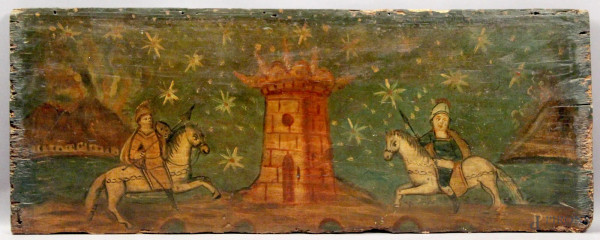 Paesaggio con torre e cavalieri, olio su tavola, 46x120 cm, XVII sec.