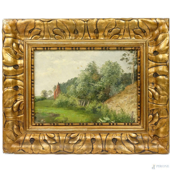 Paesaggio con chiesa, olio su tavola, cm 24x24, firmato Follini, entro cornice.