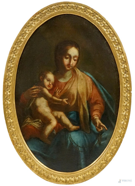 Giuseppe Pedretti (1669-1778) attr.a, Madonna del rosario, olio su tela ad assetto ovale, cm 95x65, entro cornice