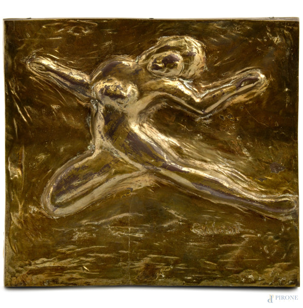 Placca in bronzo raffigurante  ballerina, XX secolo, cm 31,5x29,5, (difetti)