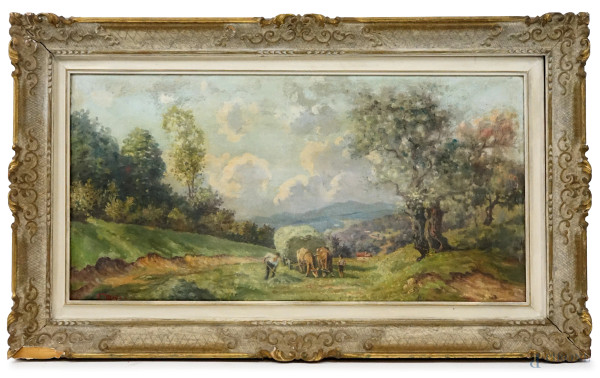 Paesaggio con scena agreste, olio su tela, cm 50x100, firmato, entro cornice.