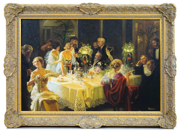 Jules Alexandre Grun (1868-1938) Copia da, The End of Dinner, olio su tela, cm 60x90, firmato, entro cornice.