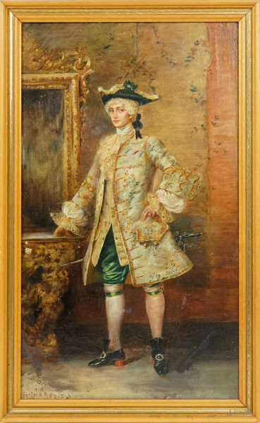 Ritratto di gentiluomo, olio su tela applicata su cartone, cm 47x27, firmato, entro cornice