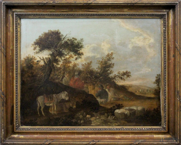 Pittore fiammingo del XVIII secolo, Il riposo, olio su tela, cm. 51x64,5, entro cornice.