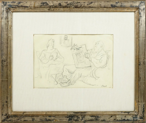 In lettura, disegno a matita su carta, cm 22,5x34, firmato Bartoli, entro cornice