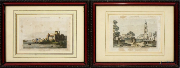 Lotto composto da due antiche stampe francesi raffiguranti "Village de la Terre d'Otrante" e "Port et chateau de Brindes", cm 15x22, entro cornici, (macchie)