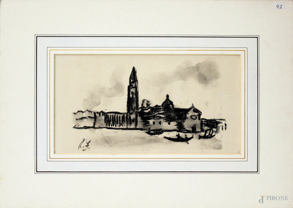 Veduta di Venezia, carboncino su carta, cm 14x27, siglato.