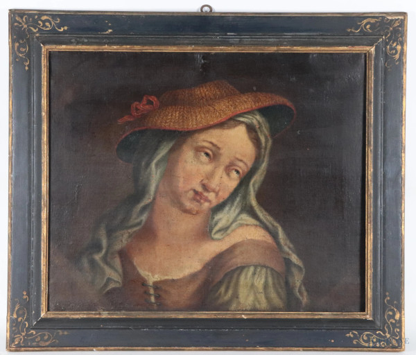 Giovane donna con cappello, XIX secolo, olio su tela, cm 42,5x52, entro cornice, (segni di usura, abrasioni, difetti)