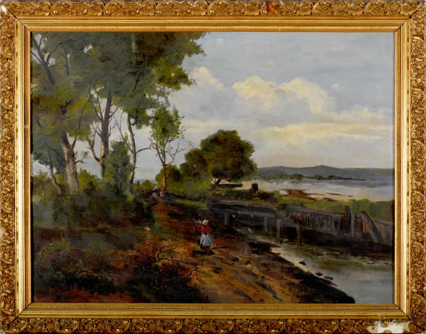 Paesaggio con figure, XX secolo, olio su tela, cm 56x74.5, entro cornice