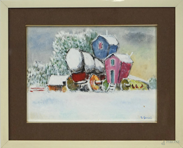 Giuseppe Succi - Paesaggio invernale, olio su tela, cm 30,5x40, entro cornice