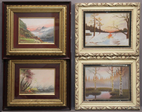 Lotto di quattro dipinti a soggetti di paesaggi diversi ad olio entro cornici