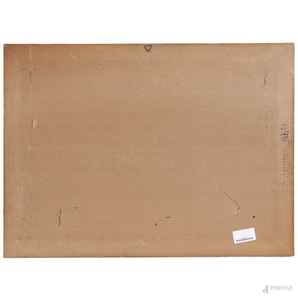 Campagna romana con figura, tecnica mista su carta, cm 38,5x58,5, firmata in basso a destra, corn...