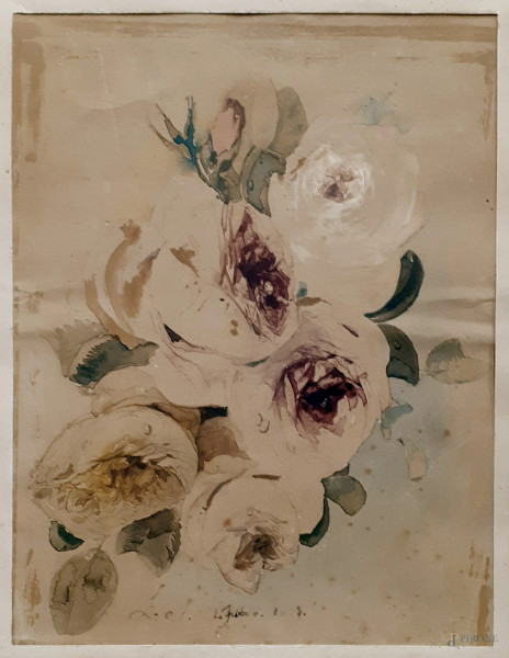 Maestro dell’800, Natura morta con fiori, 1858, acquarello su carta, cm 27x21, firmato e datato in basso al centro