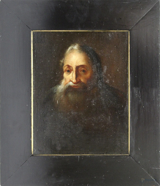Ritratto d'anziano con barba, olio su tavola 30x20 cm, XIX sec, entro cornice.