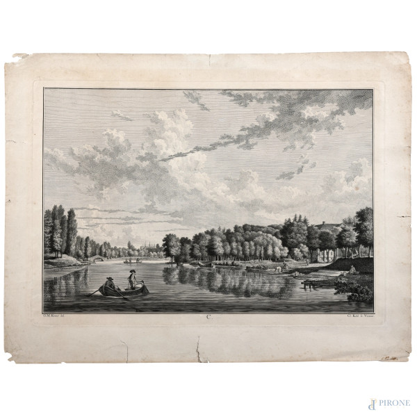 Incisione raffigurante lago di parco cittadino, XIX secolo, cm 42x55,  (segni di usura, tracce di umidità, gore, foxing, lacerazioni della carta, tracce di piegatura)