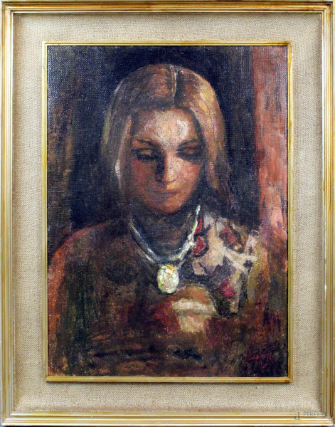 Ritratto di ragazza, olio su tela, cm. 70x50, firmato, entro cornice.