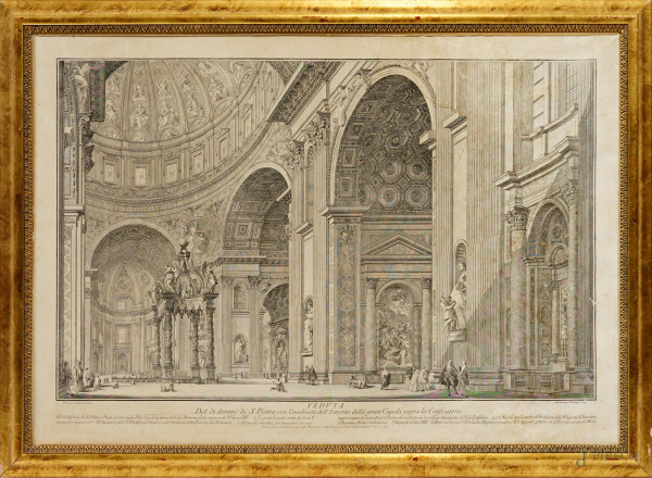 Incisione su carta raffigurante interno della basilica di San Pietro, XIX secolo, cm 53,5x75,5, entro cornice, (difetti)