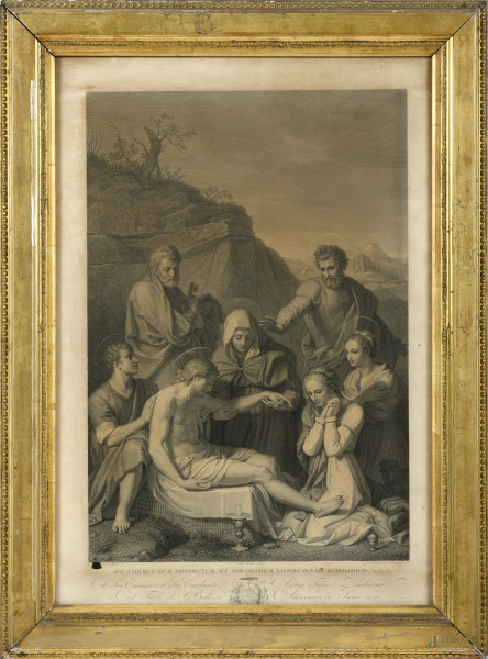 Compianto su  Cristo Morto, XIX secolo, incisione su carta, cm 62x42, entro cornice, (segni di usura, tracce di umidità, lacuna, gore, foxing)