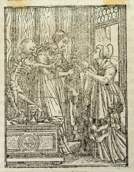 Hans Holbein il Giovane (Augusta, 1497 o 1498 – Londra, 1543), La Contessa,  xilografia tratta da "Discorsi morali dell'eccell. sig. Fabio Glissenti" Venezia, 1596, cm 7x5.4, (difetti, macchie)