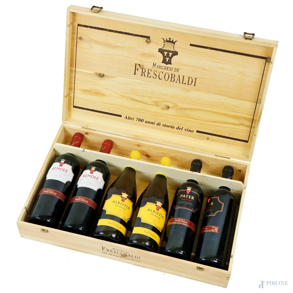 Marchesi de Frescobaldi, due bottiglie Remole, Toscana 2001; due bottiglie Albizzia Chardonnay 2001; due bottiglie Paster Sangiovese 2001.