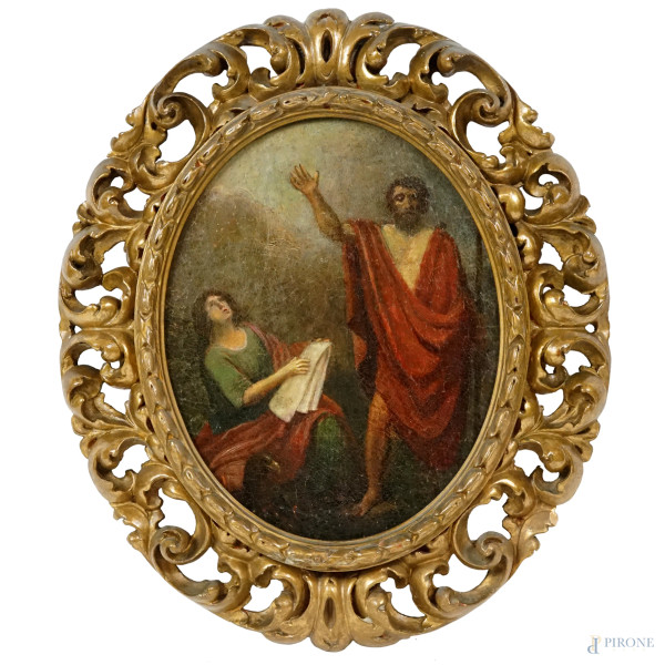 San Giovanni Battista e San Giovanni Evangelista, olio su tela applicata su tavola ad assetto ovale, cm 30x23.5, XIX secolo, entro cornice