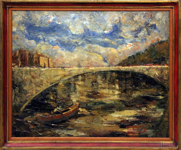 Ponte sul fiume, olio su tela, 55x70 cm, entro cornice firmato e datato 1948
