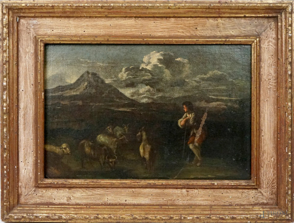 Scuola romana del XVII-XVIII secolo, Paesaggio con pastore con armento, olio su tela, cm 31x47, entro cornice, (difetti).