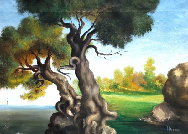 Artista del Novecento, Paesaggio con alberi, olio su tela, cm 60x43.