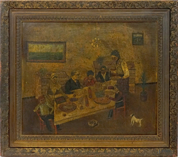 Convivio, olio su tela, cm 50x60,5, firmato, entro cornice.