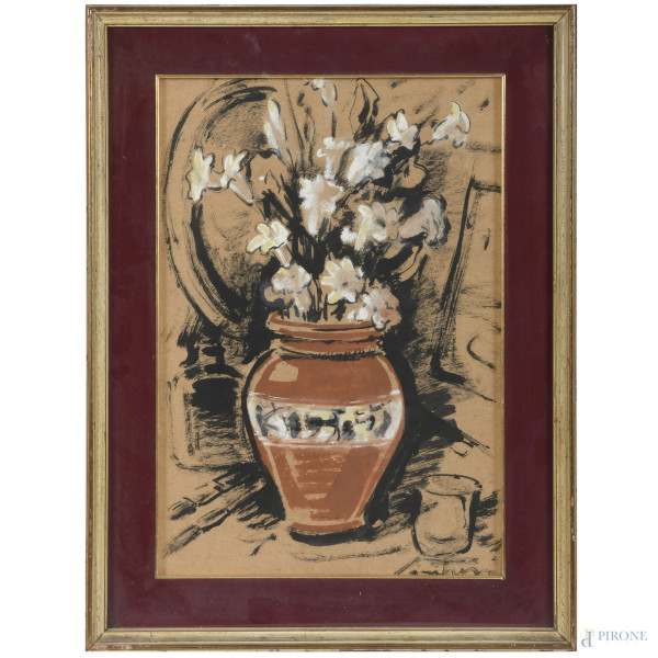 Vaso di fiori, XX secolo, tecnica mista su carta applicata su tela, cm 50x35, firmato in basso a destra, entro cornice