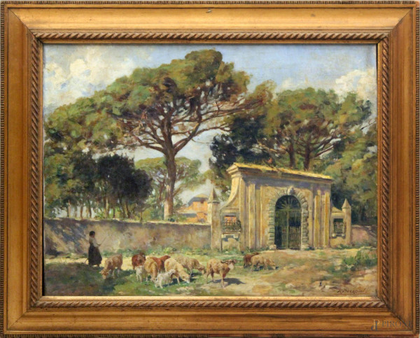 Entrata di Villa Carpegna Roma con pastorella e gregge, dipinto della fine dell'800 ad olio su tela, 50x64 cm, recante firma in basso a destra Fracassini