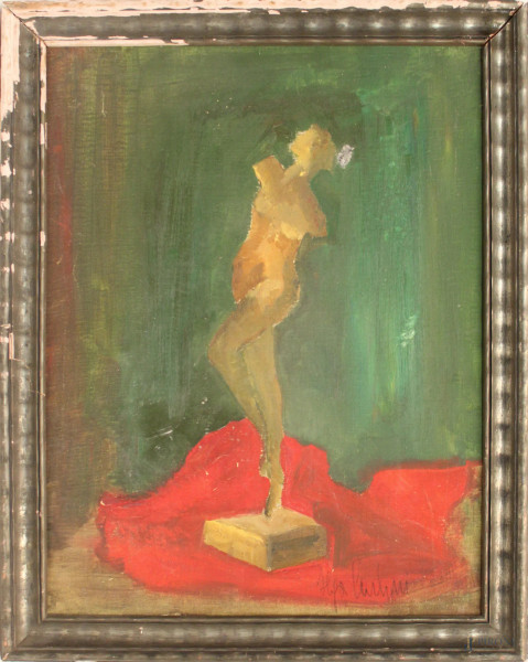 Statuina, olio su cartone telato, cm 34 x 45, firmato, entro cornice.