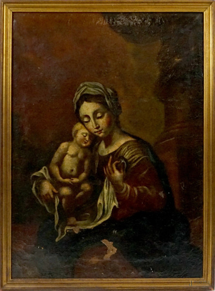 Pittore della fine del XVIII secolo, Madonna col Bambino, olio su tela, cm 68x49, entro cornice, (difetti sulla tela). 