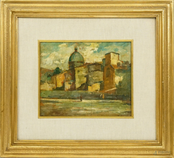 Veduta urbana, olio su tavola, firmato L. Michelacci, cm 25,2x20,8, entro cornice