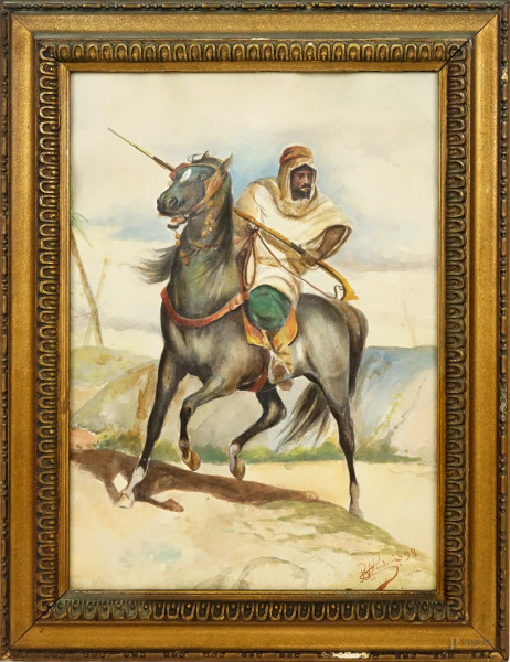 Cavaliere arabo, acquarello su carta, cm 48x34,  firmato e datato, entro cornice.