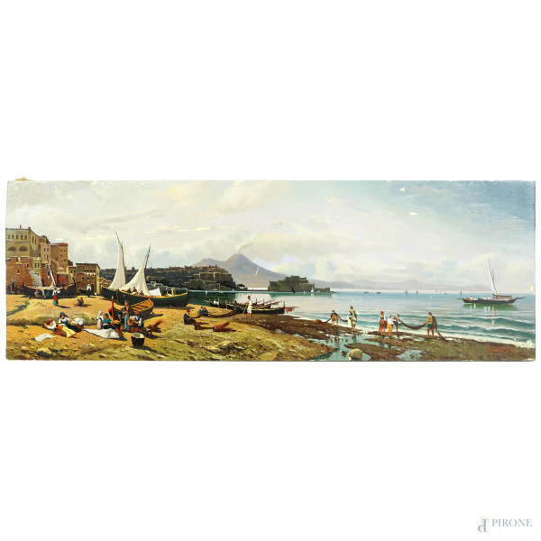 Veduta di Napoli con pescatori, olio su tavoletta, firmato in basso a destra Enrico Capuano, cm 54,3x18,7 (difetti)