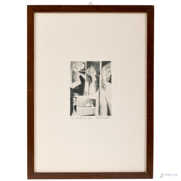 Piero Turchetti (1922-2010), Figure, puntasecca, 1984, es. 1/12, cm 34x24, firmato in basso a destra, entro cornice