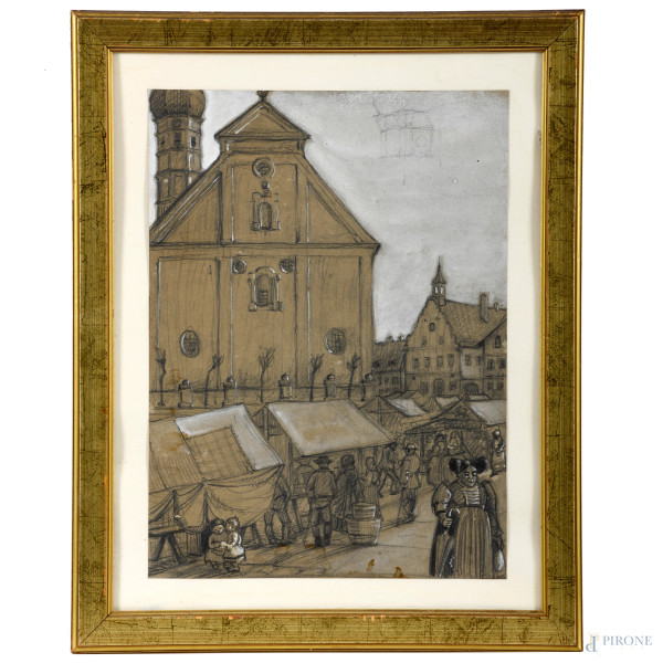 Piazza del mercato, disegno a tecnica mista su carta, XX secolo, cm 42x31, entro cornice